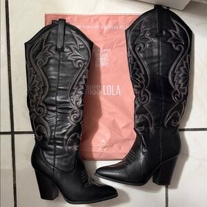 Miss Lola Black Embroidered Heeled Boots